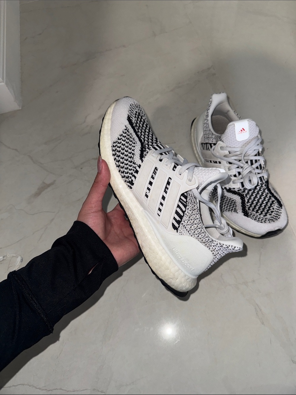 adidas Kids / Womens Ultraboost Athletic Shoes - White & Black Knit Upper